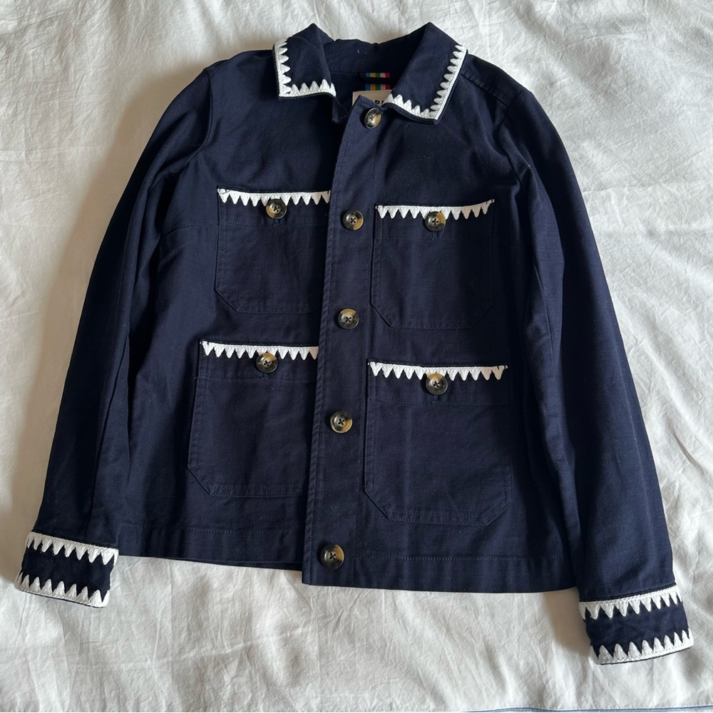 Boden Blue and White Lightweight Shirt Jacket with Decorative Trim